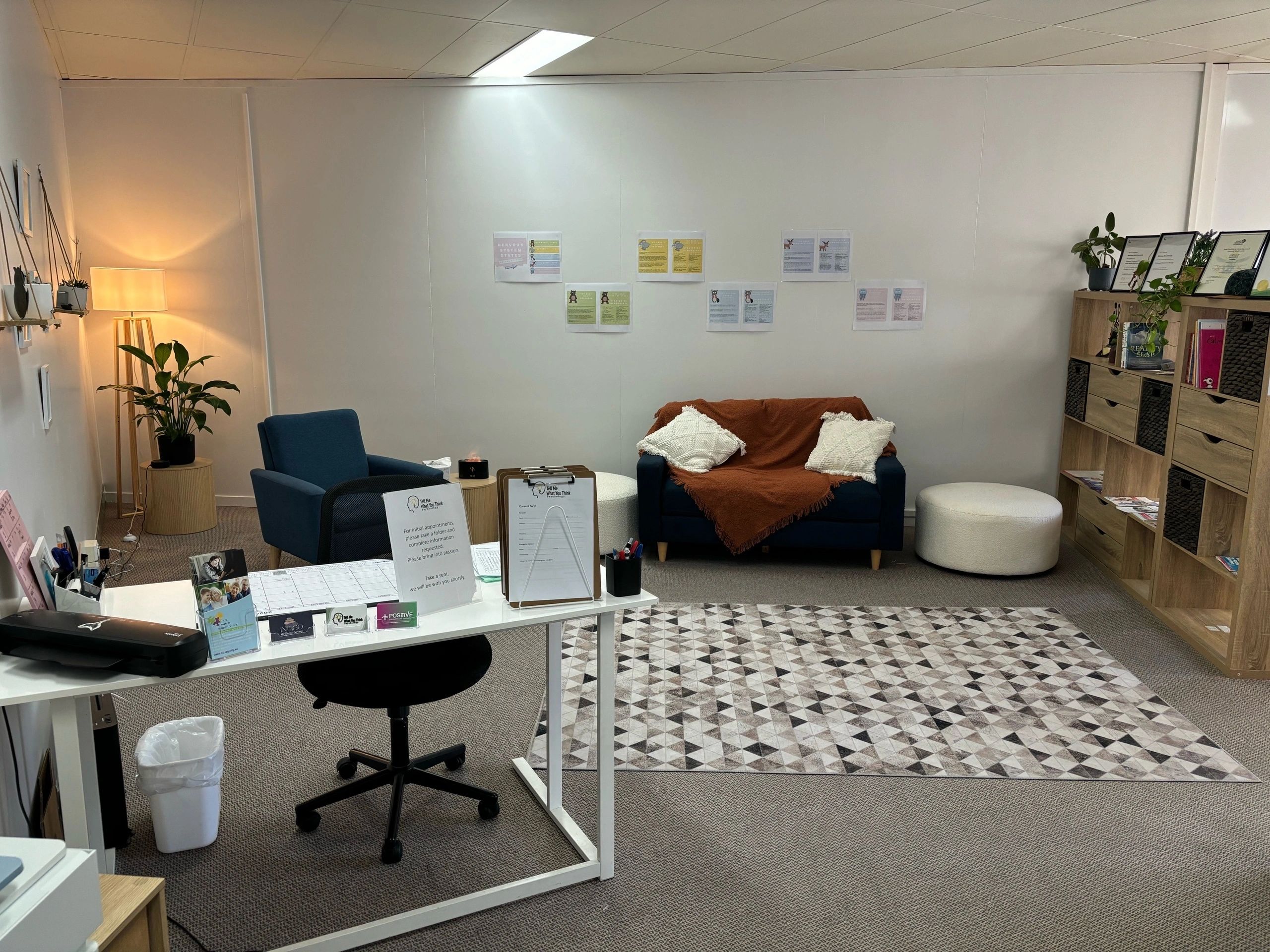 The calm, light-filled consulting room at Tell Me What You Think Psychology in Townsville